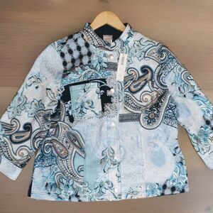 Chicos Womens Paisley Blue Linen Reversible Jacket Size 2 NWOT